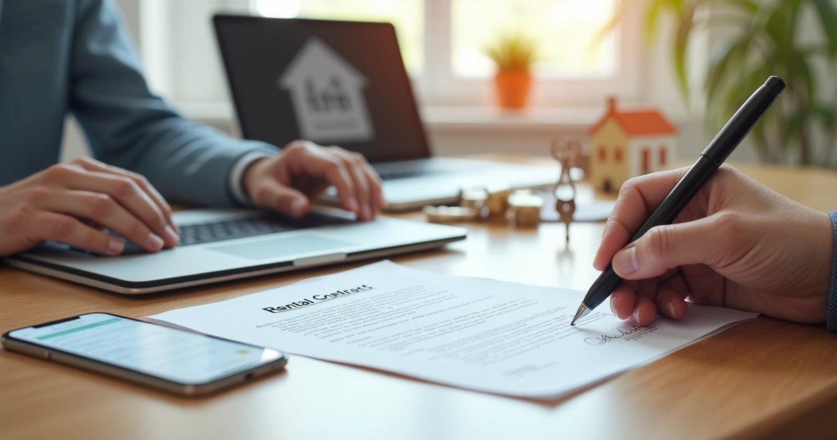 Mesa com contrato de aluguel, caneta, laptop mostrando assinatura digital e smartphone com aplicativo de gestão imobiliária aberto