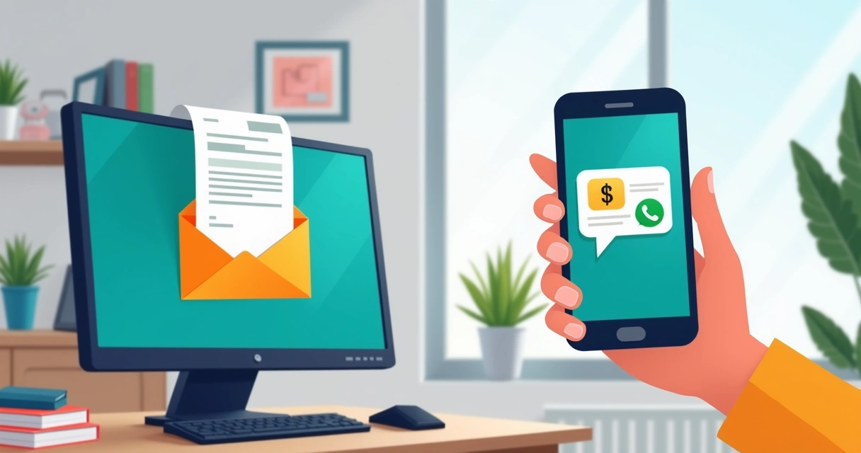 Tela dividida mostra a cobrança de aluguel por e-mail de um lado e mensagem de WhatsApp do outro 