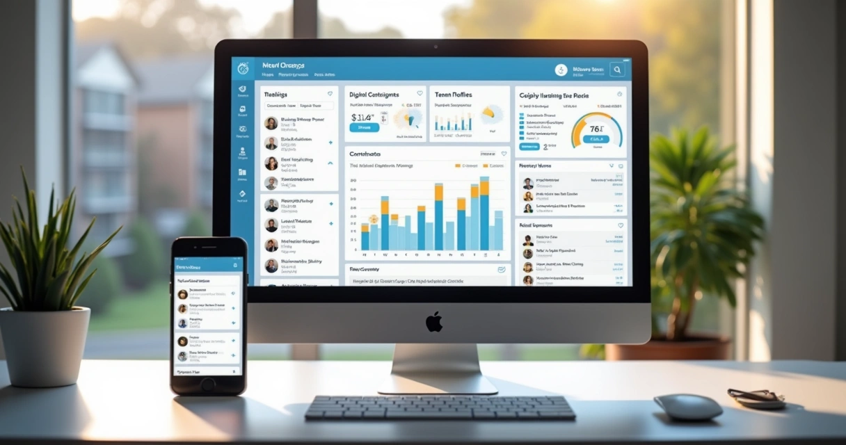 Tela de dashboard digital de gestão imobiliária residencial 
