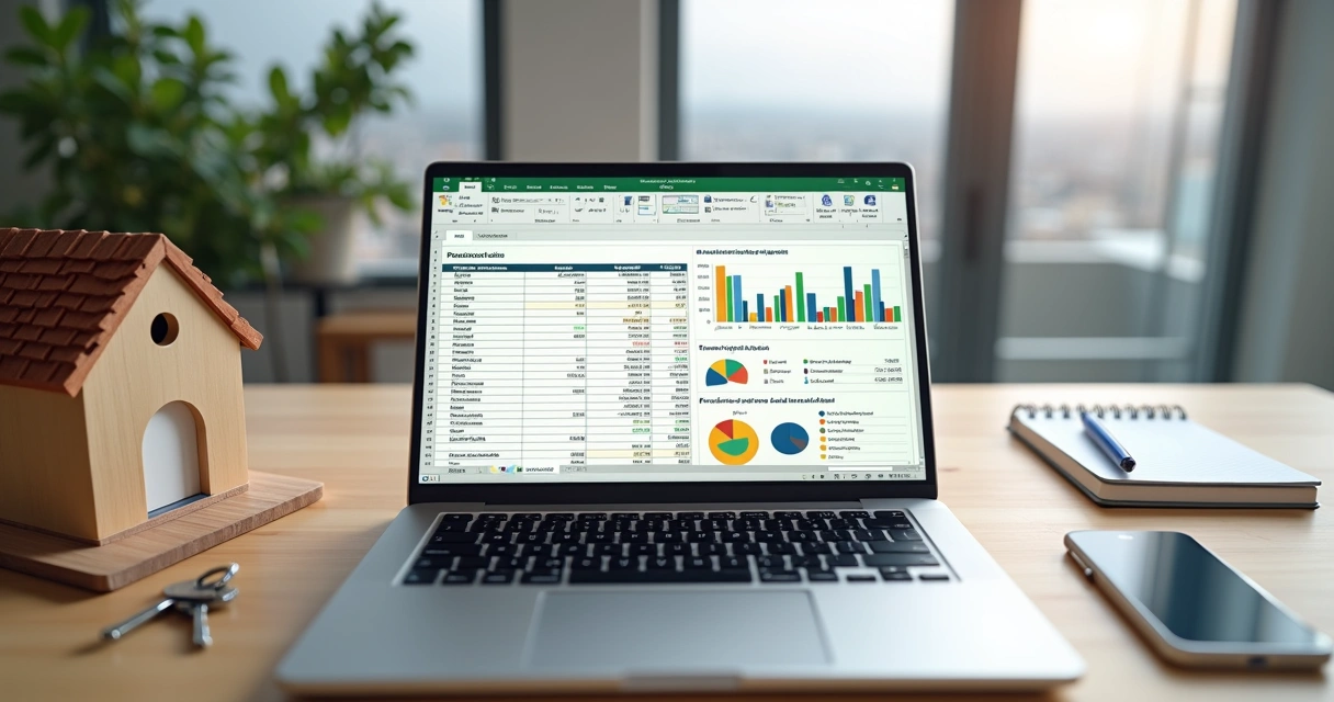 Notebook com planilha de controle de aluguel no Excel sobre mesa organizada