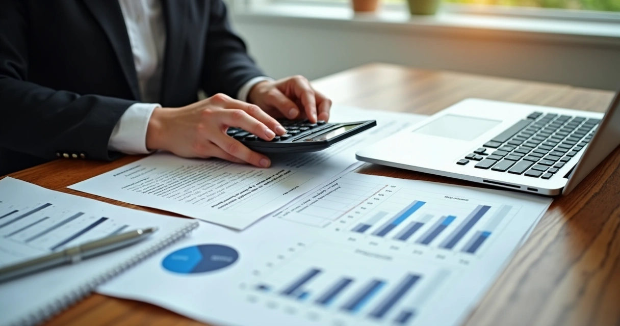 Mãos segurando calculadora sobre mesa com contrato de aluguel, planilhas e laptop aberto exibindo gráficos de índices econômicos