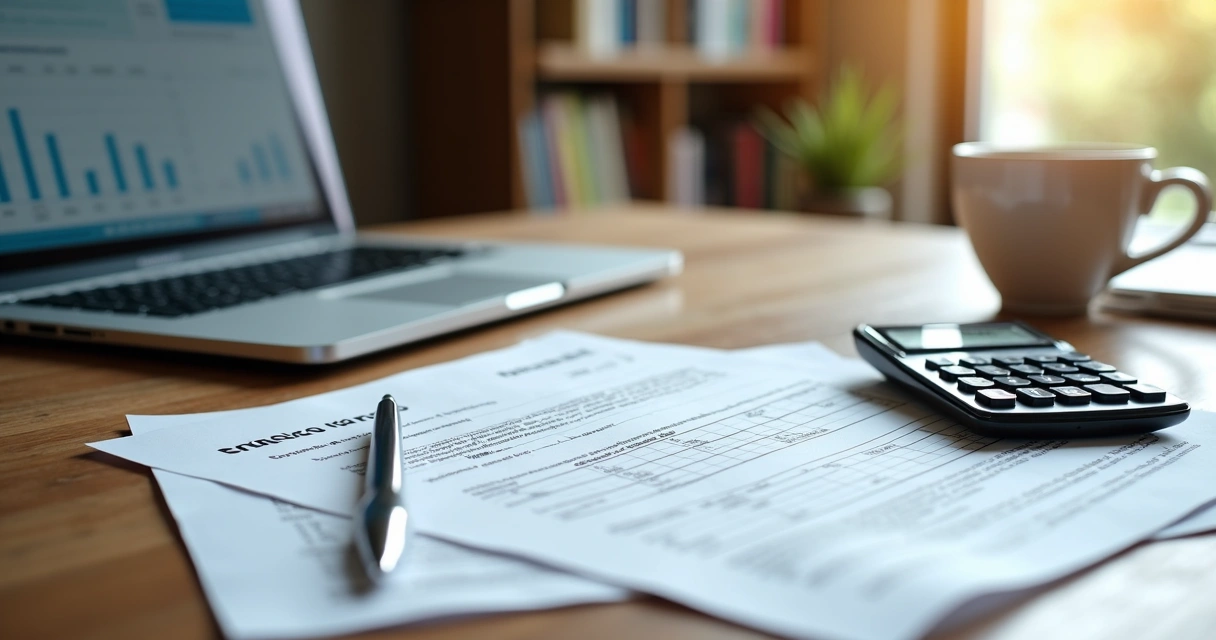 Mesa de escritório com contrato de aluguel, calculadora, laptop e documentos de seguro fiança sobre superfície de madeira clara