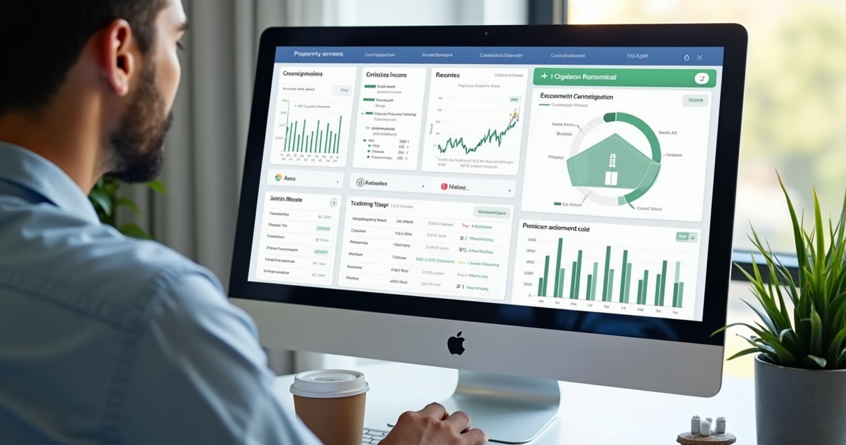 Tela de computador exibindo painel digital de gestão imobiliária com gráficos e contratos