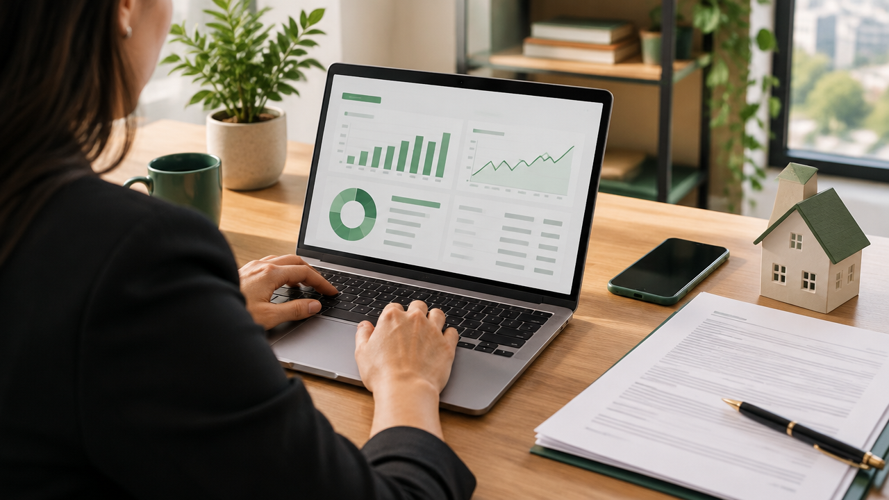 Profissional de administração imobiliária acompanha cobranças em painel digital no notebook