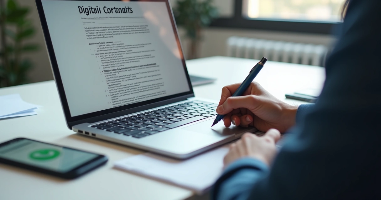 Pessoa assinando digitalmente um contrato no notebook com alerta de reajuste automático