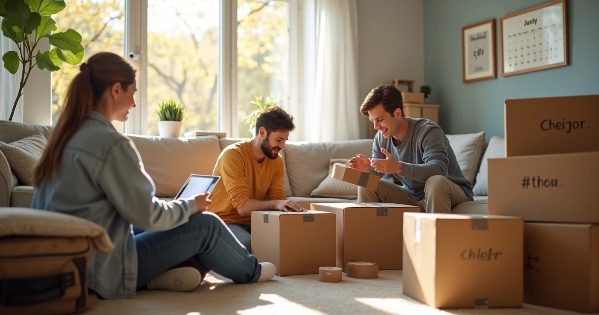 Família embalando caixas para mudança por transferência de trabalho