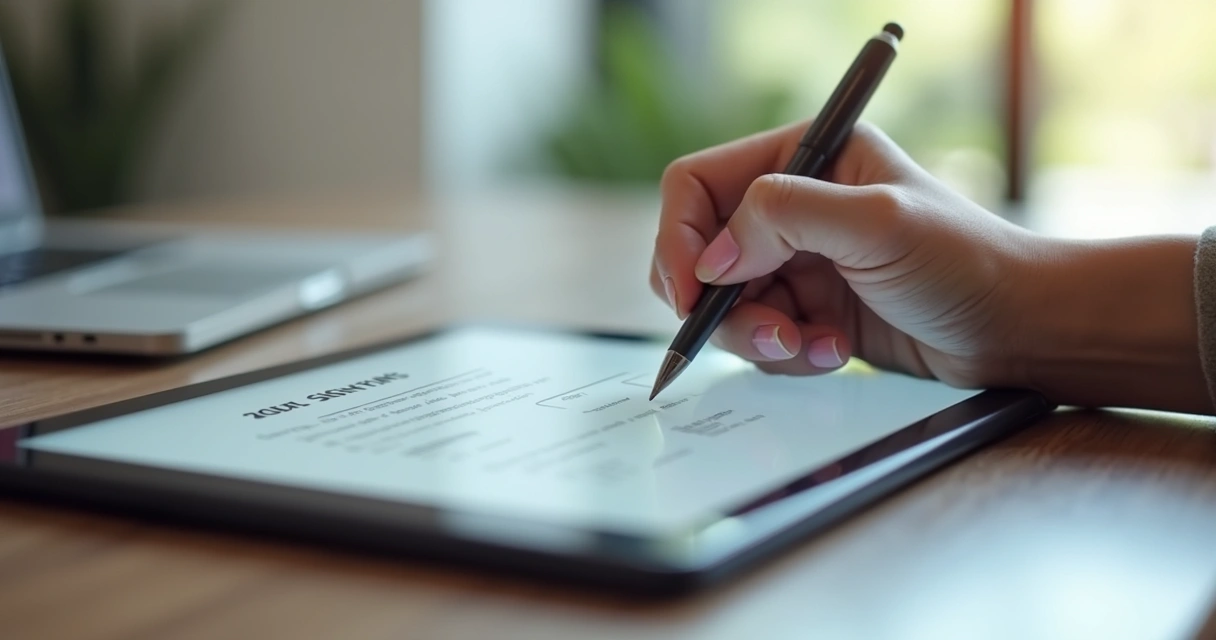 Assinatura digital de contrato imobiliário em tablet com mão feminina, ambiente de escritório moderno ao fundo