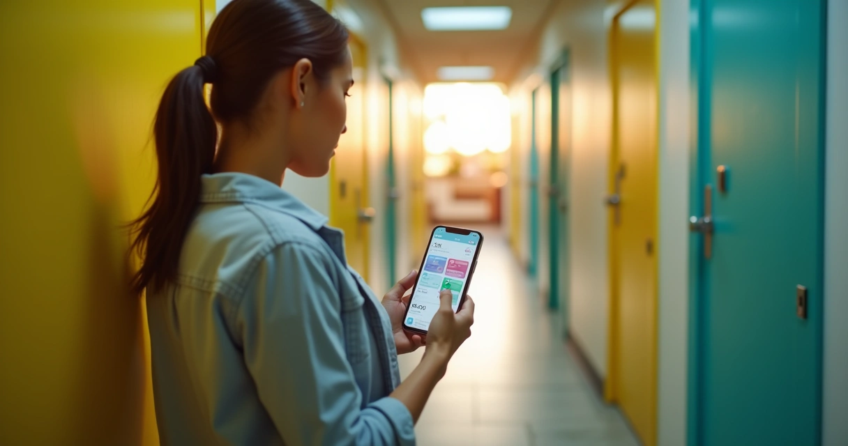 Gestor de kitnets no corredor olhando app de aluguel no celular