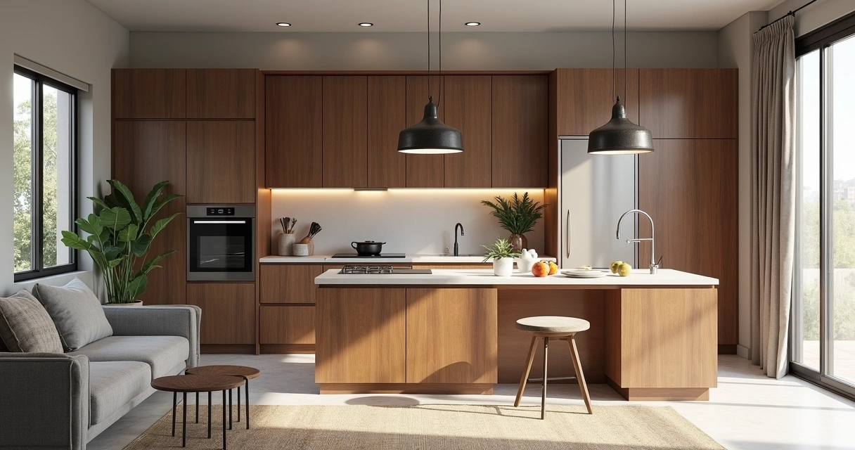 Interior de kitnet compacta com móveis planejados, integração entre cozinha e sala e iluminação natural