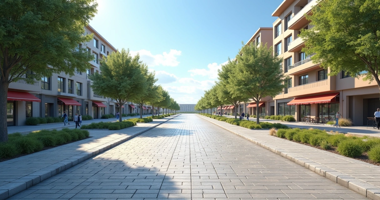 Terreno urbano plano e limpo, com ruas asfaltadas e prédios ao fundo 