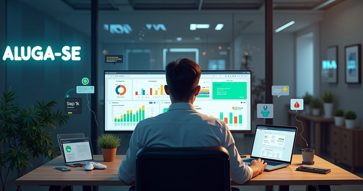 Painel com gráficos coloridos, computador, boletos digitais e ícones de aluguel de imóveis