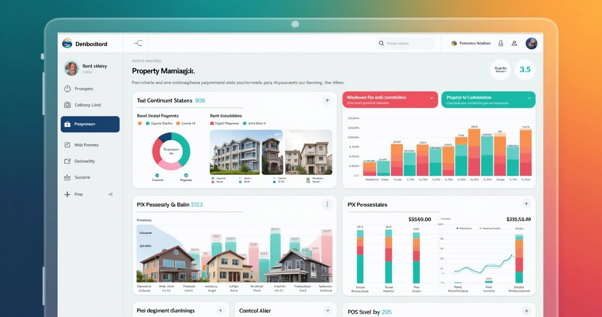 Painel digital de software de gestão imobiliária com gráficos, lista de contratos e alertas de repasse PIX.