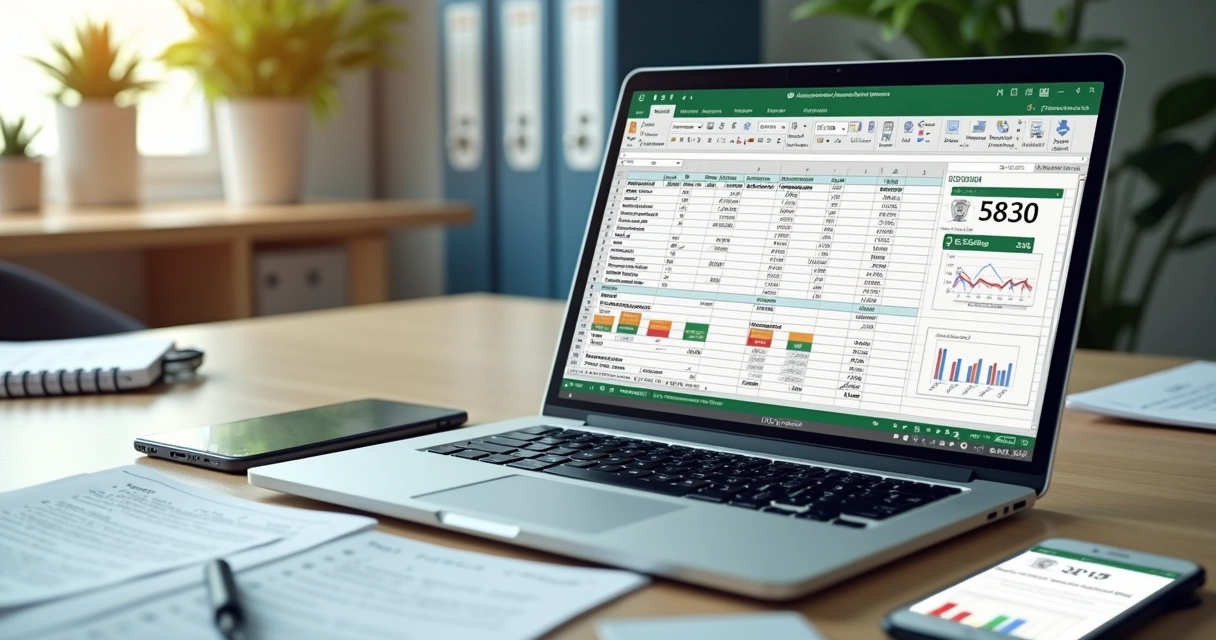 Tela de notebook exibindo planilha de aluguel no Excel com gráficos de desempenho imobiliário