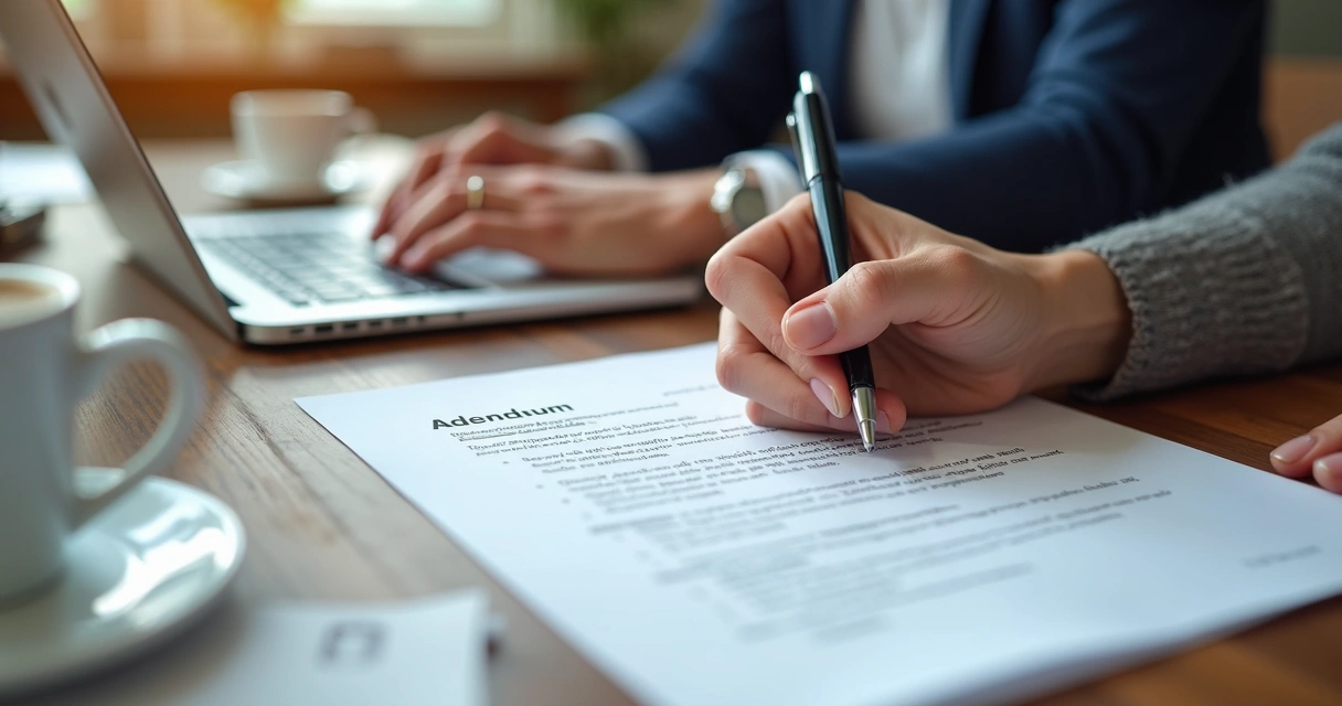 Duas pessoas assinando um documento de aditivo de contrato em mesa de madeira com canetas e laptop ao lado