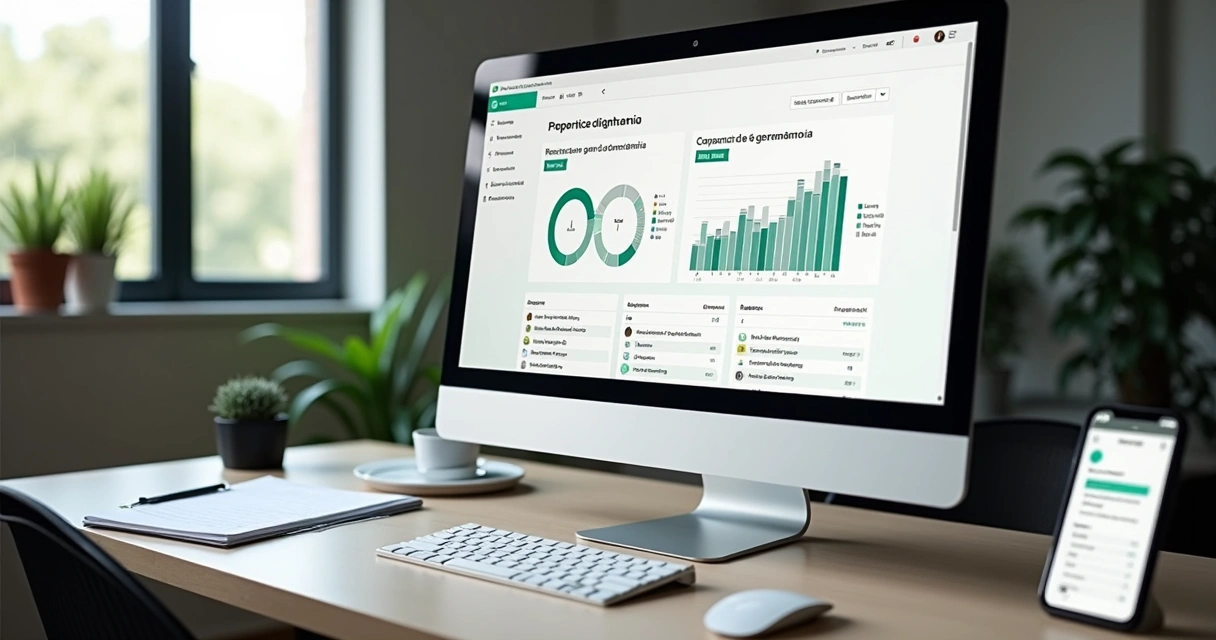 Tela de computador mostra sistema de gestão de aluguel, com gráficos e agenda digital aberta.