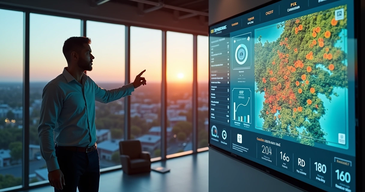 Gestor observa tela 3D de loteamento com plataforma de gestão em painel gigante
