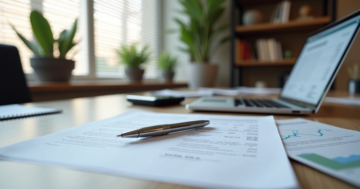 Mesa de escritório com contrato de locação comercial, caneta, laptop e calculadora em ambiente profissional