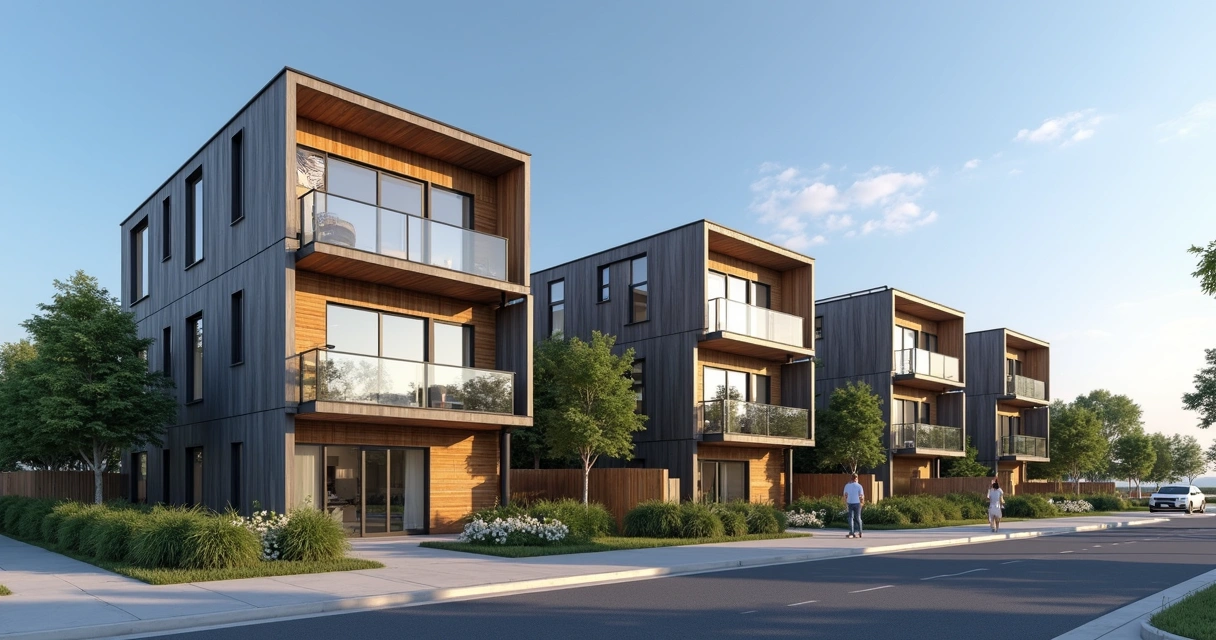 Fachada moderna de kitnets construídas em área urbana com janelas amplas e revestimento contemporâneo