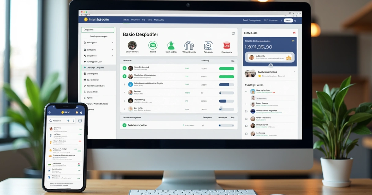 Dashboard intuitivo de gestão de aluguéis em tela de computador e celular