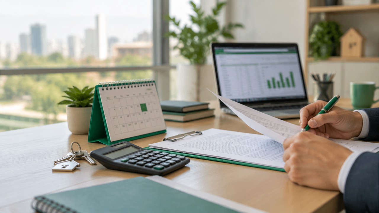 Documentos de locação, calculadora e calendário sobre uma mesa de trabalho para conferir aluguel em atraso