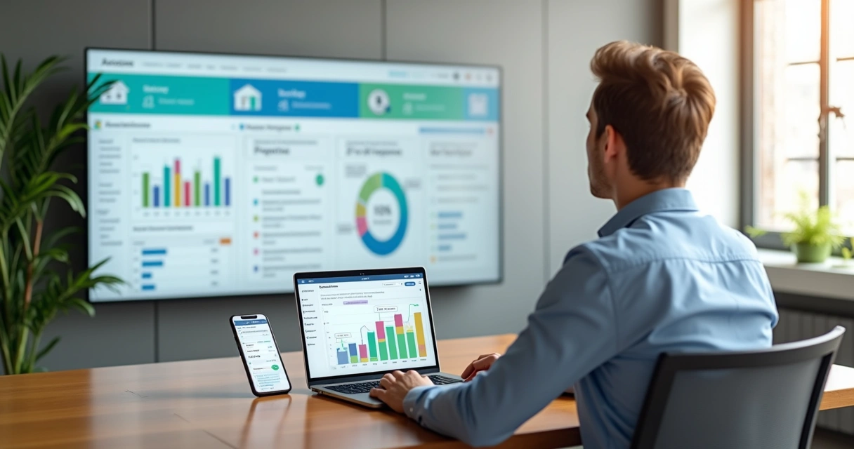 Tela de software de gestão imobiliária com gráficos de aluguel e integração em múltiplas telas