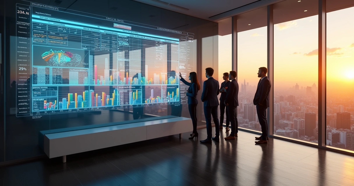 Painel digital gigante com planilha de aluguel e indicadores de imóveis