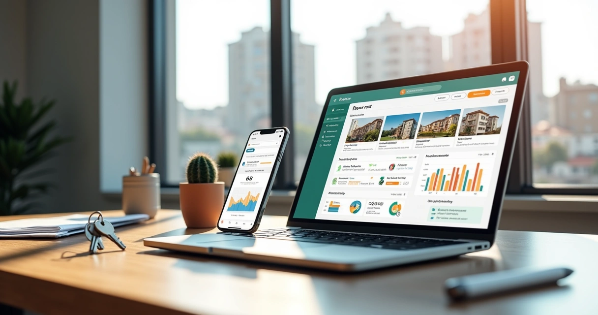 Painel digital de gestão de aluguel de imóveis em laptop sobre mesa moderna