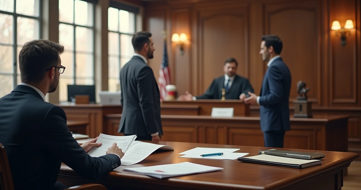 Audiência judicial de ação de despejo em sala de tribunal 