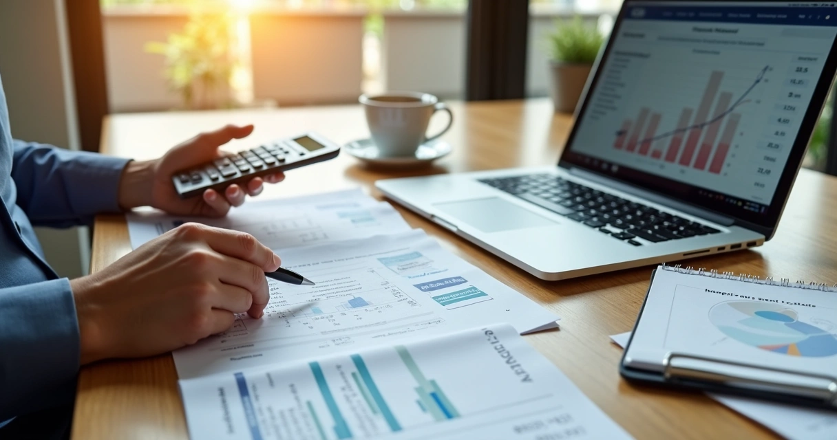 Pessoa calculando imposto de renda sobre aluguel usando calculadora e documentos financeiros sobre mesa organizada com laptop aberto