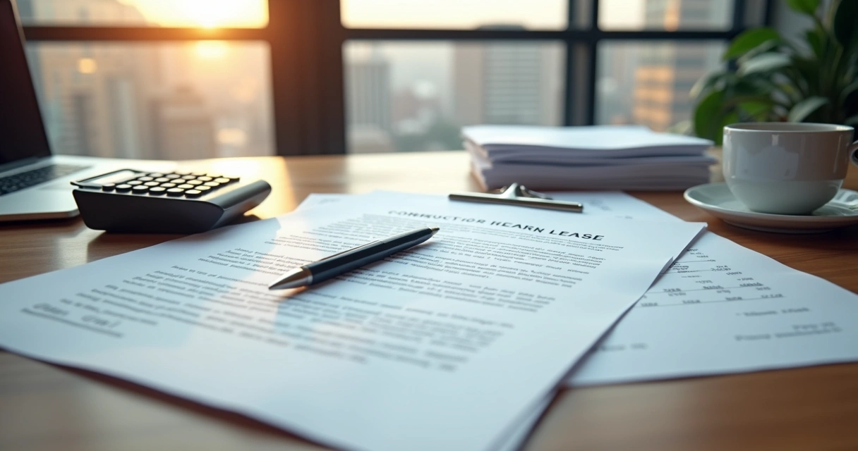 Mesa com contrato de locação comercial, caneta sobre documento e calculadora ao lado, ambiente de escritório claro e moderno