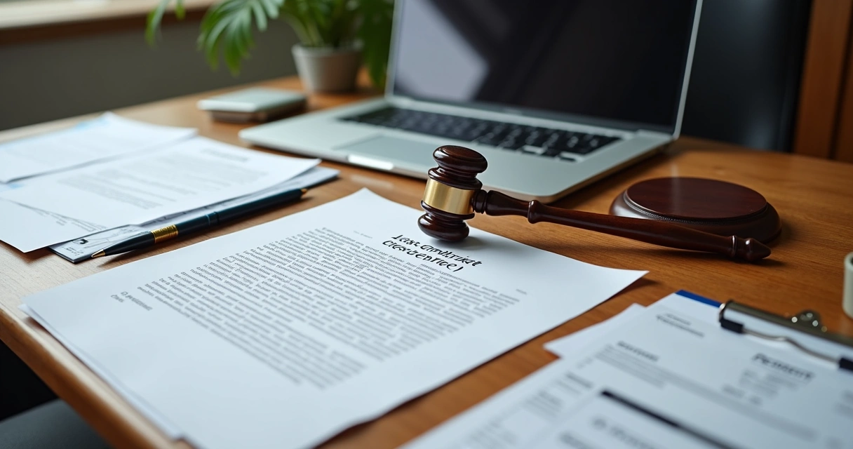 Mesa com contrato de aluguel, notificações e comprovantes de pagamento