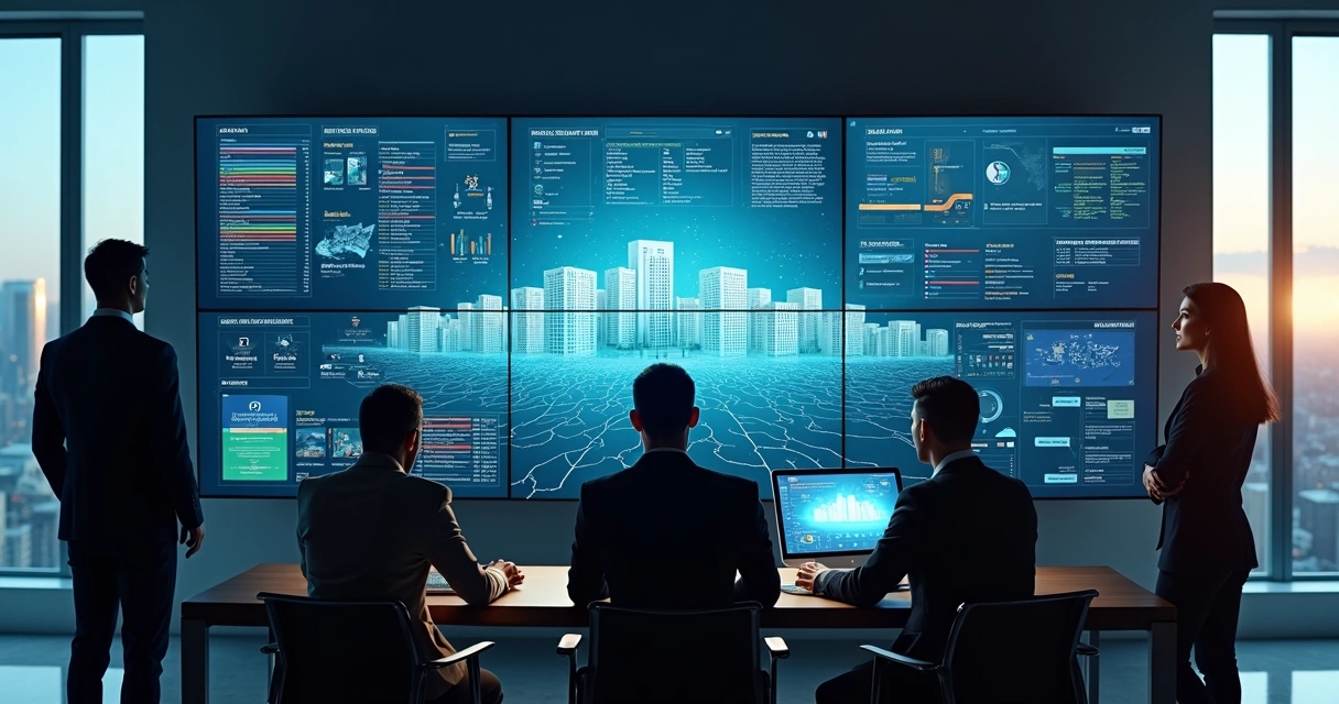 Equipe imobiliária em frente a parede de monitores com sistema digital de gestão