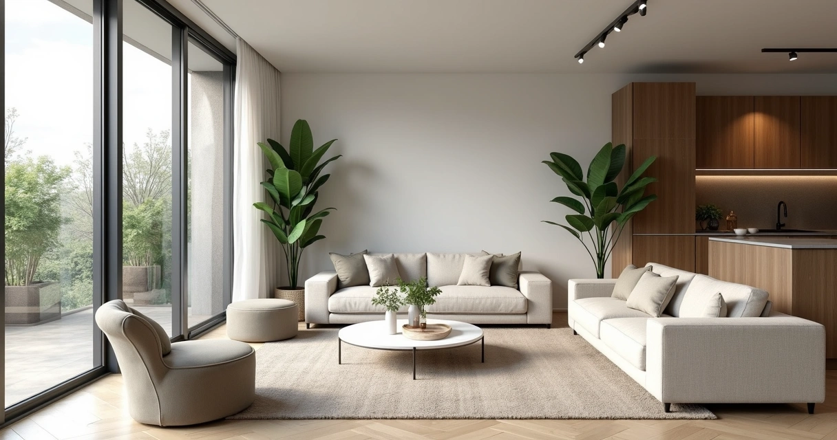 Sala moderna com móveis minimalistas em tons neutros e plantas decorativas iluminada por luz natural grande