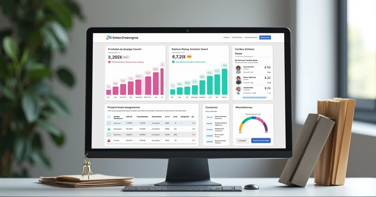 Dashboard digital moderno de controle locação com gráficos, status colorido de pagamentos e botões rápidos de ação