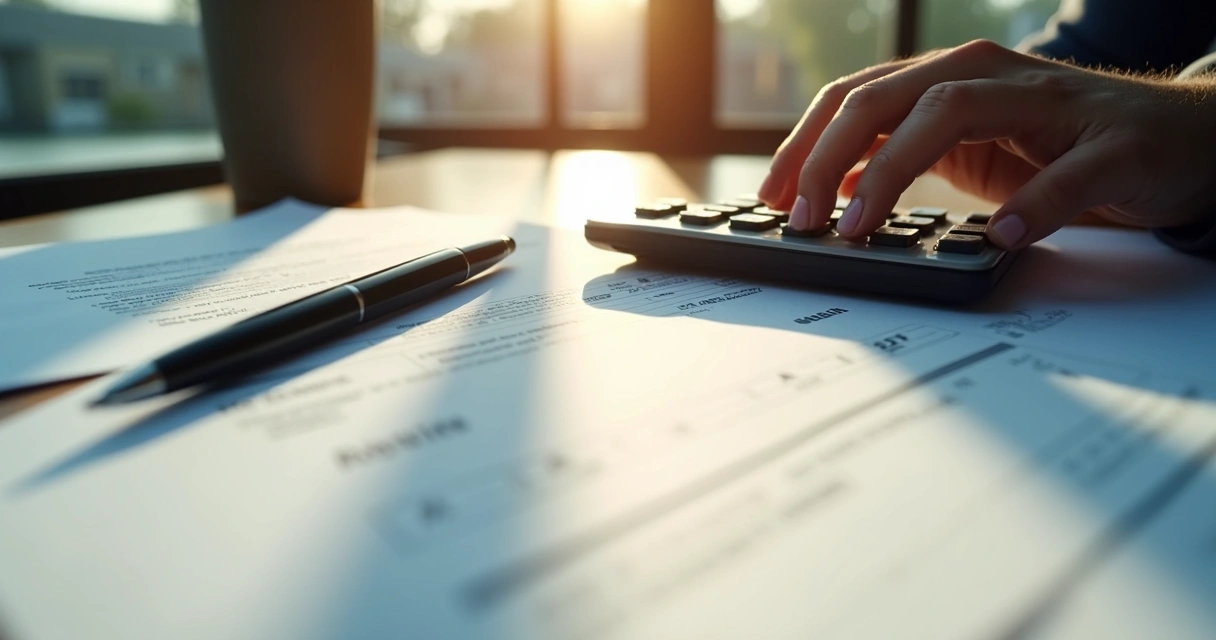 Mão digitando cálculo de multa em calculadora ao lado de contrato de aluguel