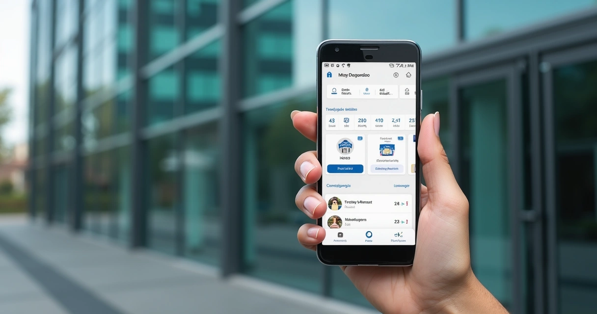 Mão segura celular mostrando app de gestão de aluguel, fundo com prédio comercial