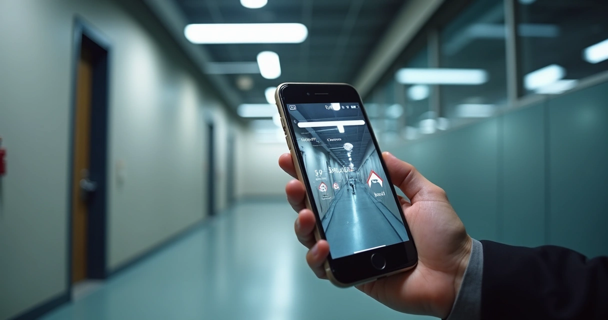 Inspeção digital de imóvel comercial com fotos detalhadas das instalações, checklist em smartphone