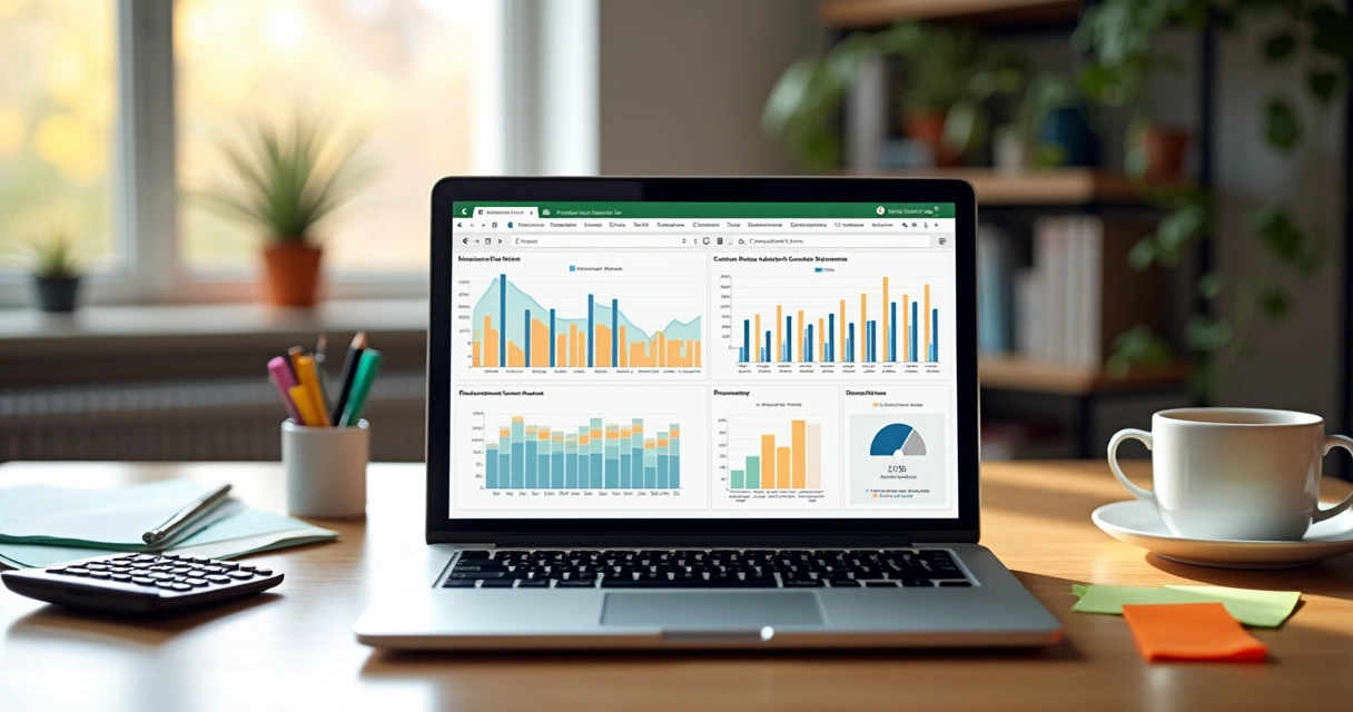 Dashboard visual de aluguel mostrando gráficos de receita, despesas e inadimplência, planilha em computador