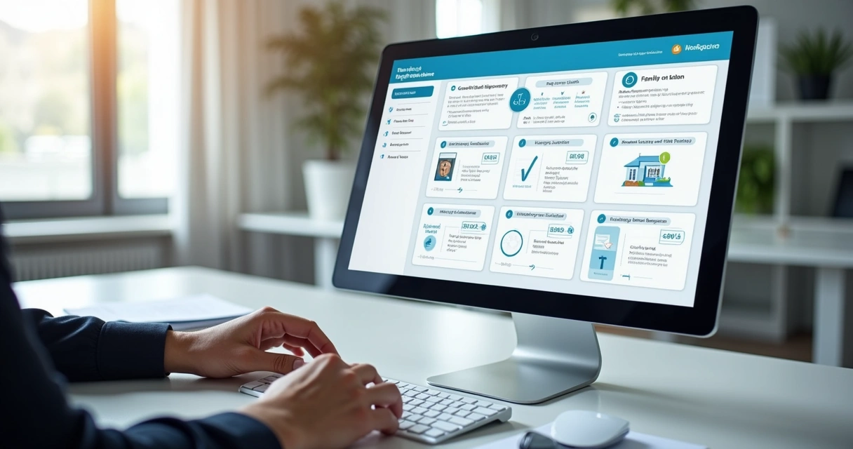 Tela de computador exibindo sistema digital de controle patrimonial e planejamento sucessório