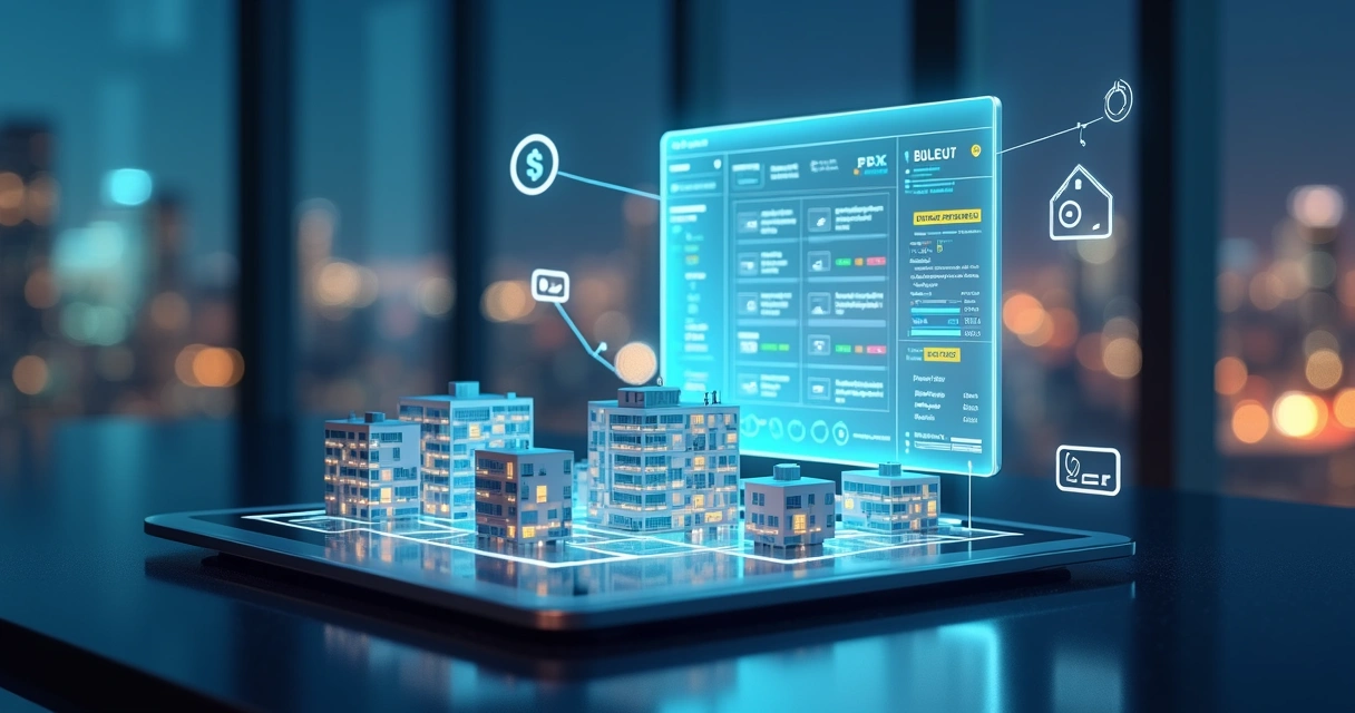 Painel digital de gestão imobiliária com prédios conectados e ícones de contratos e boletos