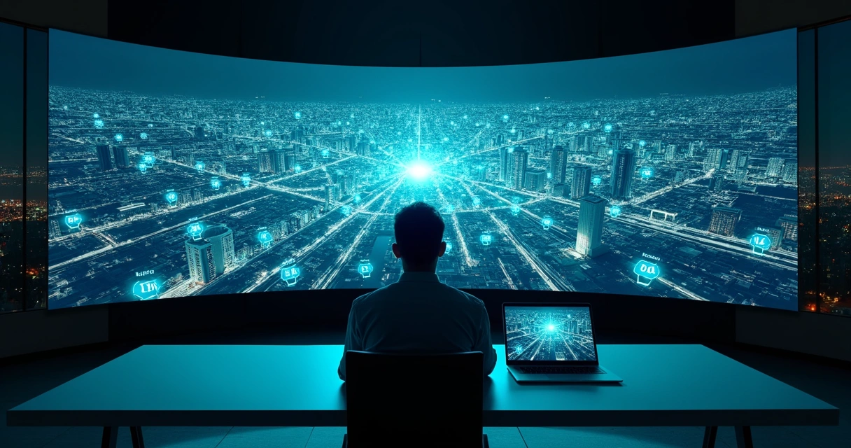 Painel digital com mapa da cidade mostrando imóveis para locação conectados em rede