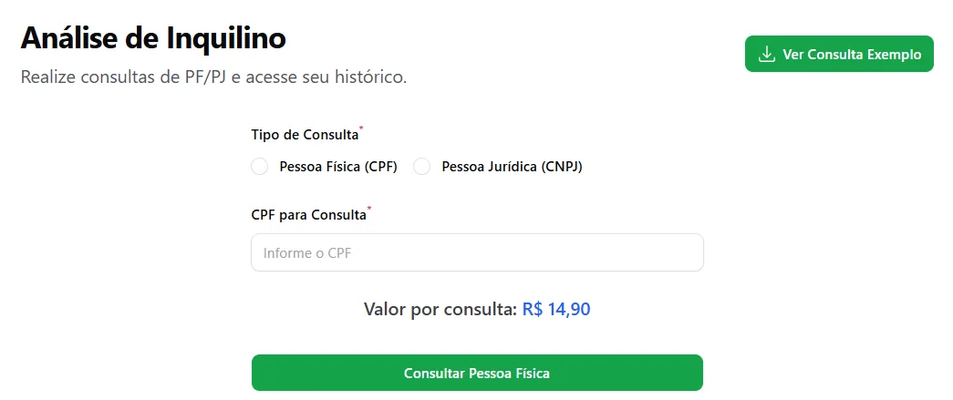 Tela real da consulta: PF ou PJ pelo CPF/CNPJ, R$ 14,90 por consulta